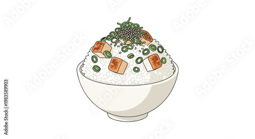 A pristine white ceramic bowl overflows with steamed white rice topped with perfectly seared tofu cubes and a generous garnish of fresh green scallions.
