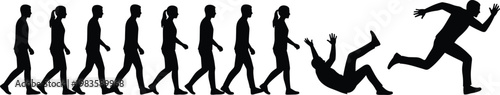 Vector illustration of human silhouettes in progressive walking, falling, and running poses symbolizing transformation, change, and dynamic movement