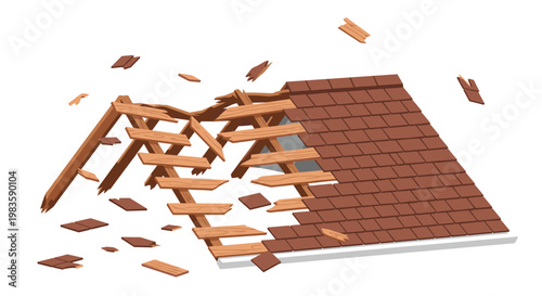 A collapsing residential roof with reddish brown tiles and splintered wooden rafters appears to be falling apart in midair against a stark white background.