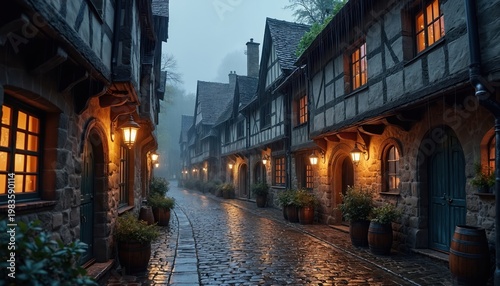 Old European village street with cobblestone path and historic timbered houses. Evening rain falls on the narrow alleyway, reflecting warm lamplight from windows and lanterns.