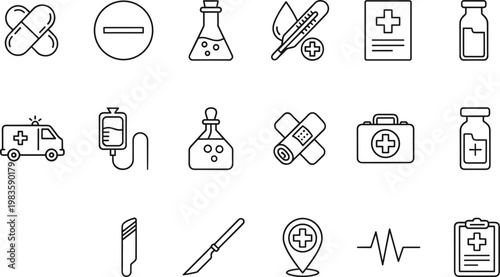 Vector illustration of medical and healthcare line icons including pills, ambulance, IV drip, scalpel, heart rate, and first aid