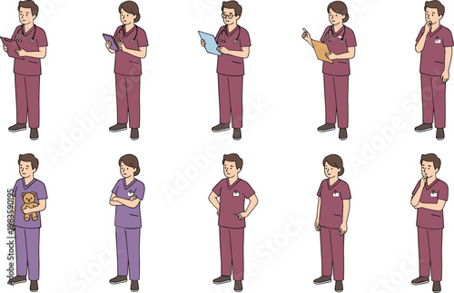 Vector illustration of medical professionals in scrubs with stethoscopes showing various poses and activities for healthcare design