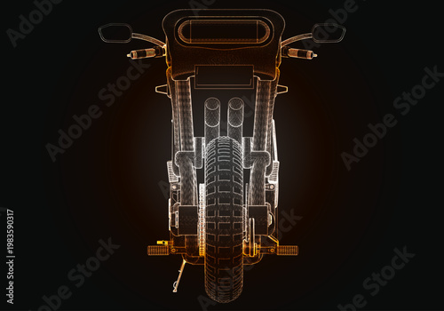 High detailed outline of a motorcycle showing its structure and design with bright colors on a dark background