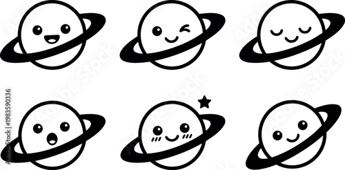 Happy and winking planets with rings cartoon line art vector icons