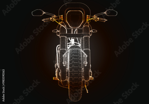 High detailed outline of a motorcycle showing its structure and design with bright colors on a dark background