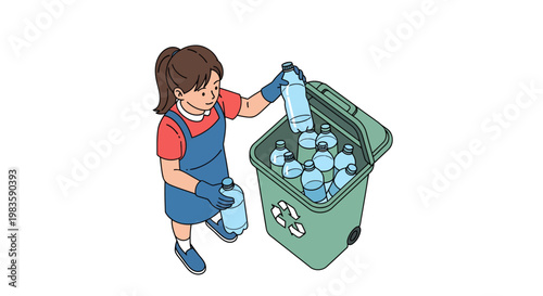 a young girl putting plastic bottles in recycling bin.