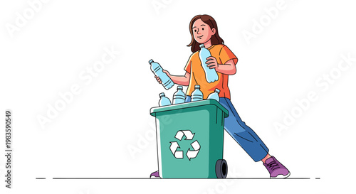 Woman recycling plastic bottles in bin.