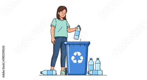 Woman recycling plastic bottles in bin.