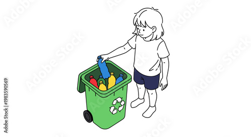 A young child throwing recyclables into a bin.