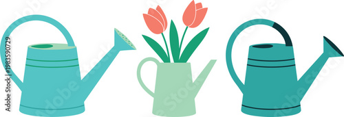 Watering can set with flowers gardening tools vector illustration plant care equipment spring garden collection design