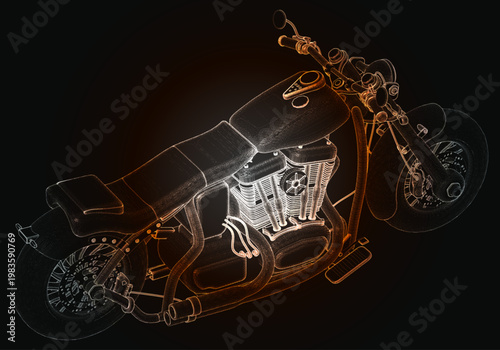 High detailed outline of a motorcycle showing its structure and design with bright colors on a dark background