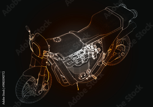 High detailed outline of a motorcycle showing its structure and design with bright colors on a dark background