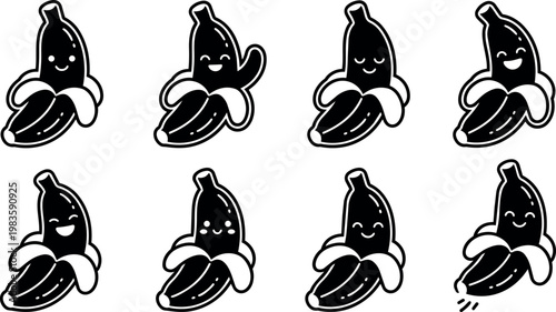 Black and white kawaii peeled banana characters with varied expressions vector art