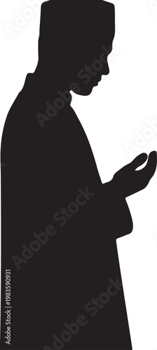 Black silhouette of a muslim man praying with hands raised in supplication wearing a kufi cap on white background view