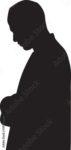 Minimalist black silhouette of a man standing in prayer with head bowed in humble reflection isolated on white background