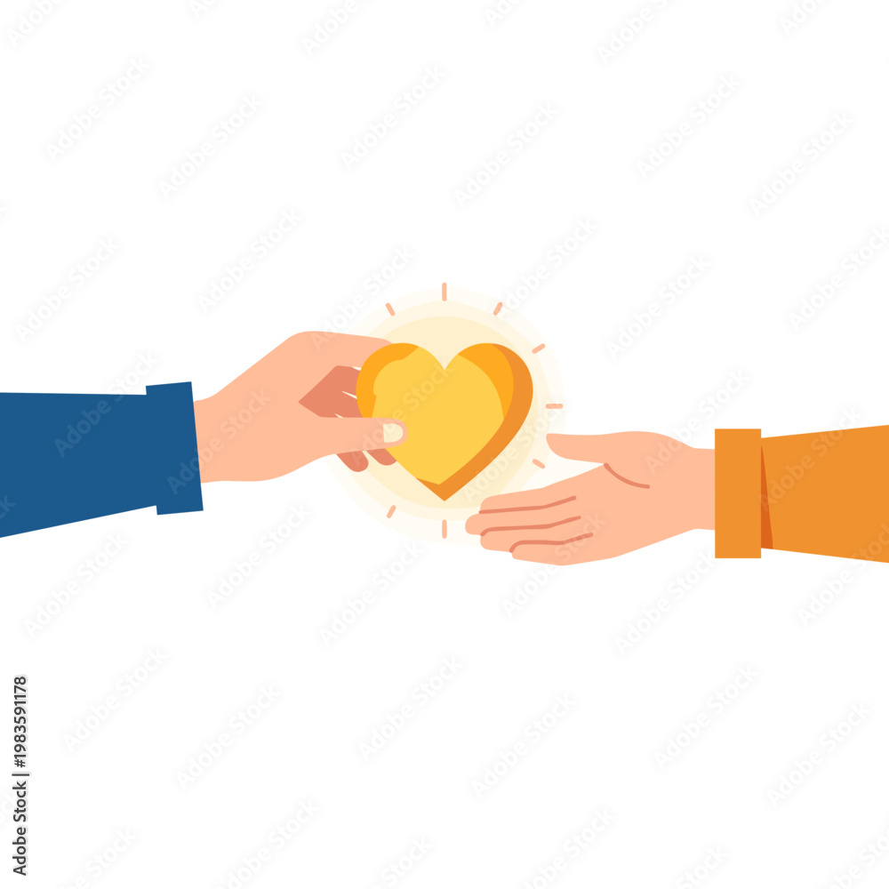 Obraz premium One hand lovingly offers a glowing golden heart to another.