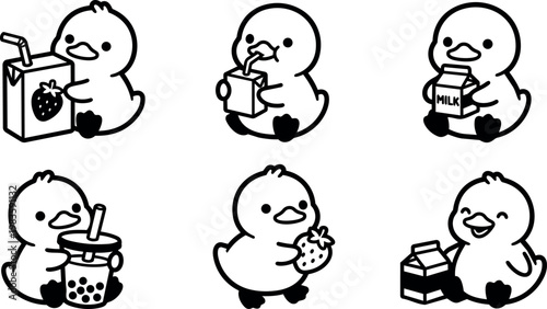 Cute black and white cartoon ducklings drinking juice milk and bubble tea vector art