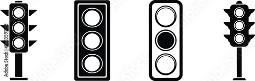 Four traffic light icons illustrating different signal states in black and white