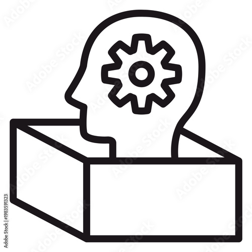 Εκτύπωση καμβά Thinking outside the box vector icon illustration featuring a human head silhouette with a gear inside the brain emerging from an open box, representing creativity, innovation, and logic