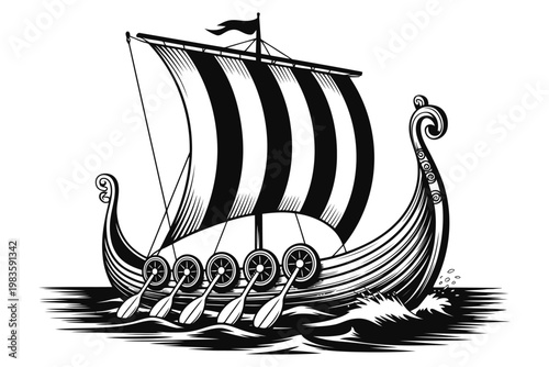Black and white viking ship sailing on waves with striped sail and decorative carvings