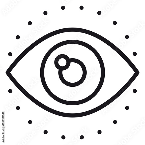 Foto Minimalist black vector icon of a human eye with a pupil and iris, surrounded by a circular dotted border, symbolizing vision, observation, surveillance, focus, perception, or digital privacy