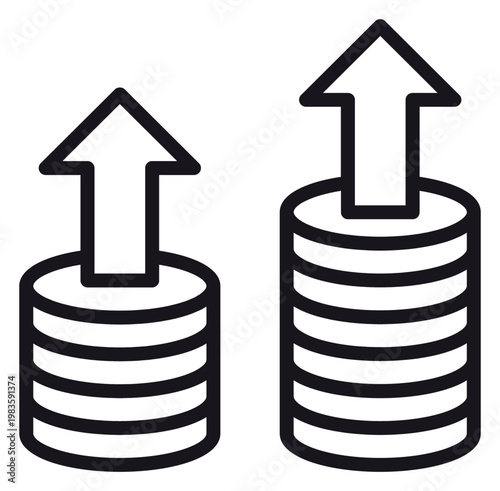 Fotografía Black line art vector icon of coin stacks with upward arrows, symbolizing financial growth, profit increase, investment success, economic progress, and rising revenue illustration