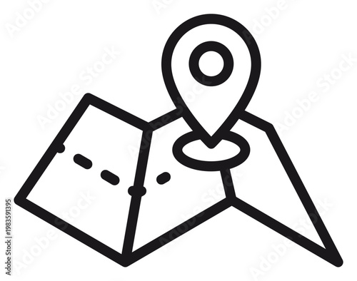 Black line art vector icon of a folded paper map with a location pin marker, representing navigation, travel destination, GPS tracking, and geographical positioning, scalable illustration.
