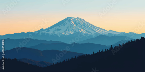 Scenic mountain landscape featuring Mount Hood and Mount Fuji in winter and autumn with snow covered peaks forest lake and colorful sky