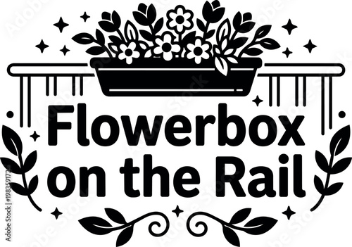 Flowerbox on the rail with leaves and stars black and white vector art