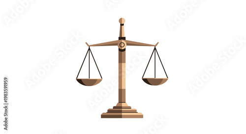 A perfectly balanced set of traditional scales of justice stands prominently with symmetrical hanging pans against a clean and minimalist white background.