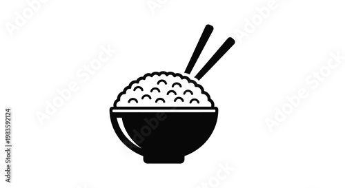 A black silhouette of a rice bowl with chopsticks on white