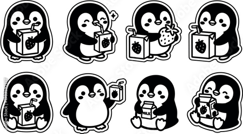 Penguins drinking strawberry juice and milk cute cartoon