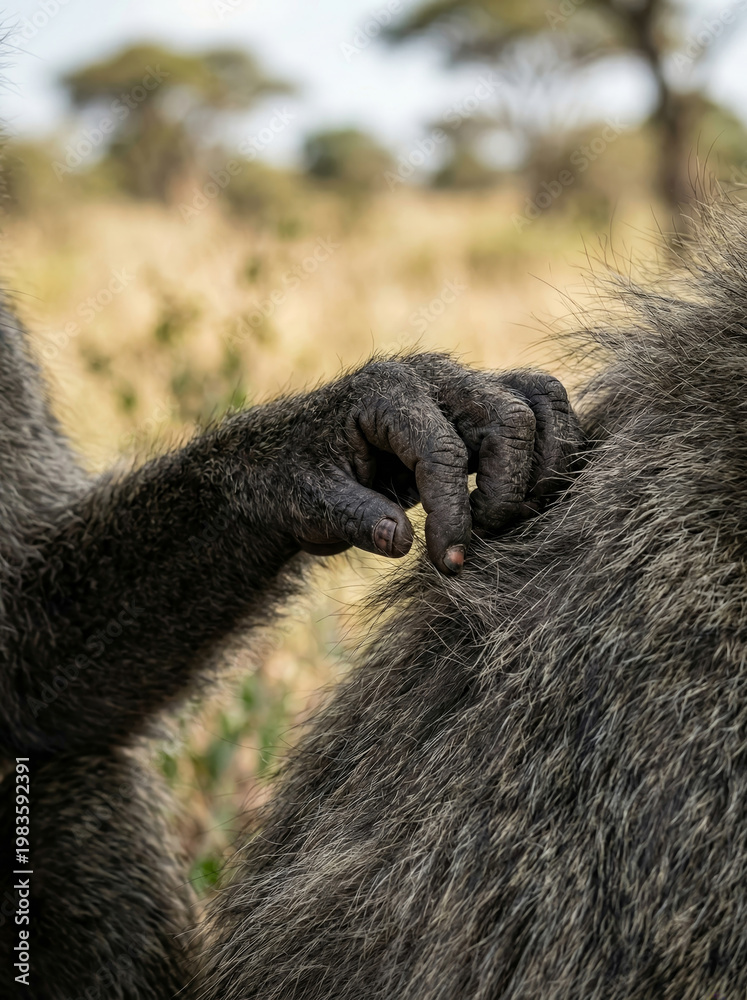 Obraz premium Baboons grooming each other in the African savannah