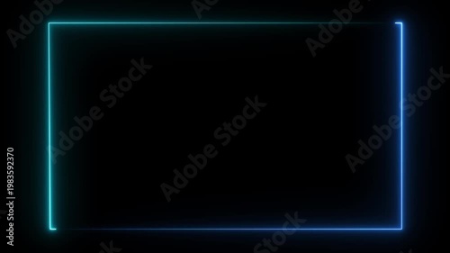 rectangle frame icon animation glowing neon pink and blue color bordar frame display box round shape retro screen photo frame rotation seamless footage line movement on black 4k video animation