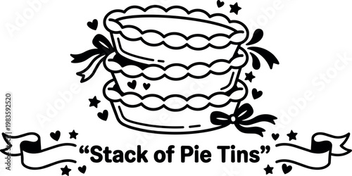 Black and white line art stack of pie tins with hearts and stars