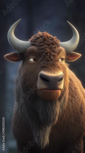Animated bison expressing emotions in a forest illustration close-up whimsical