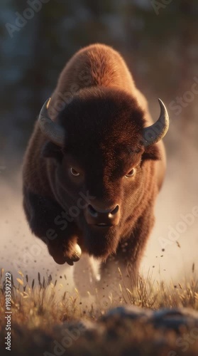 Dynamic perspective of running bison in nature power and grace in open fields