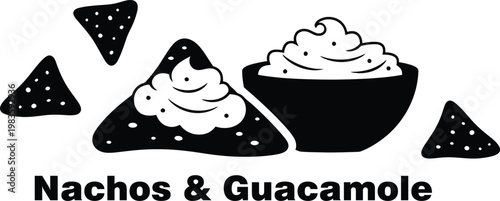 Black and white illustration of nachos and guacamole