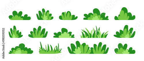 Grass bush and cartoon tree, green lawn and park. Silhouette forest and shrub field icon. Simple small plant, cute springtime herb pattern, garden set isolated on white background. Vector illustration