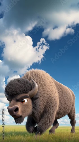 Bison grazing in a vast meadow nature scene animated style sunny day whimsical vibe