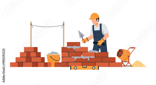 A dedicated construction worker wearing a yellow hard hat and blue overalls meticulously builds a red brick wall using a metal trowel and level tool on a busy work site.