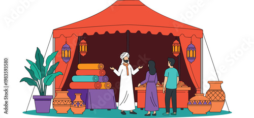 Market Scene Illustration with Traditional Tent, Pottery, and People Shopping for Textiles and Goods