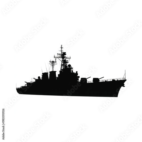 A stark silhouette of a modern naval destroyer against a white background
