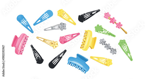 A playful assortment of vibrant plastic hair clips and floral barrettes is scattered across a bright white background in a cheerful and lively display.