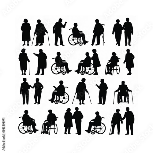 Silhouettes of diverse senior citizens some using mobility aids