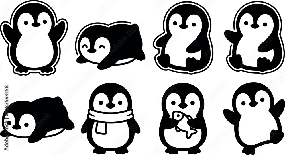 Obraz premium Black and white cartoon penguin characters in various poses vector art