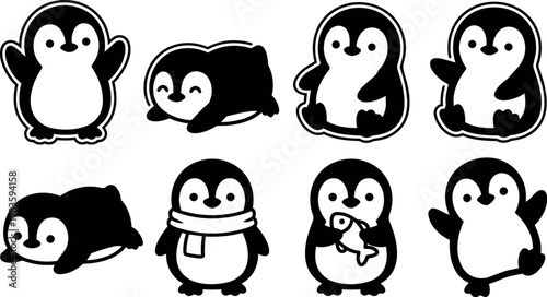 Black and white cartoon penguin characters in various poses vector art