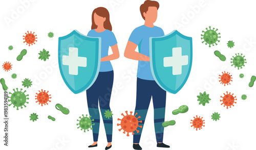 Immunity protection concept illustration, people with shields against viruses, healthcare vector design elements