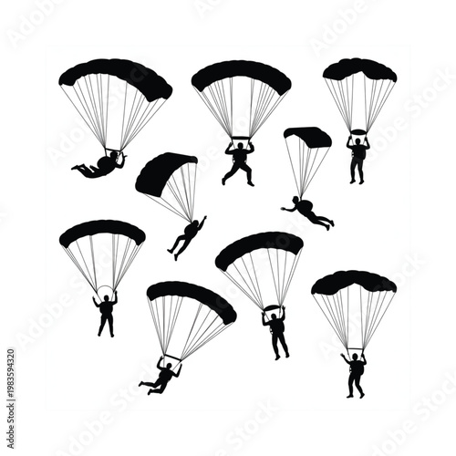 Silhouettes of skydivers with open parachutes in a dynamic arrangement