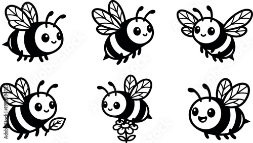 Cute black and white bee vector art with wings and antennae in various poses
